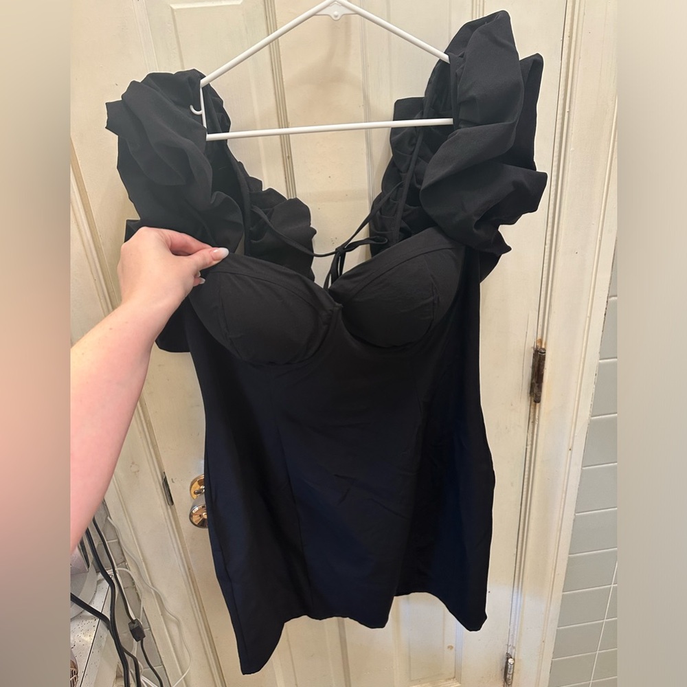 Black ruffle mini dress